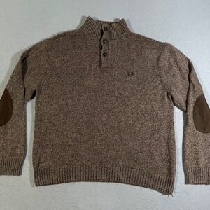 Chaps Mens XL Brown Quarter Button Up Mock Neck Knit‎ Sweater Elbow Patch Casual